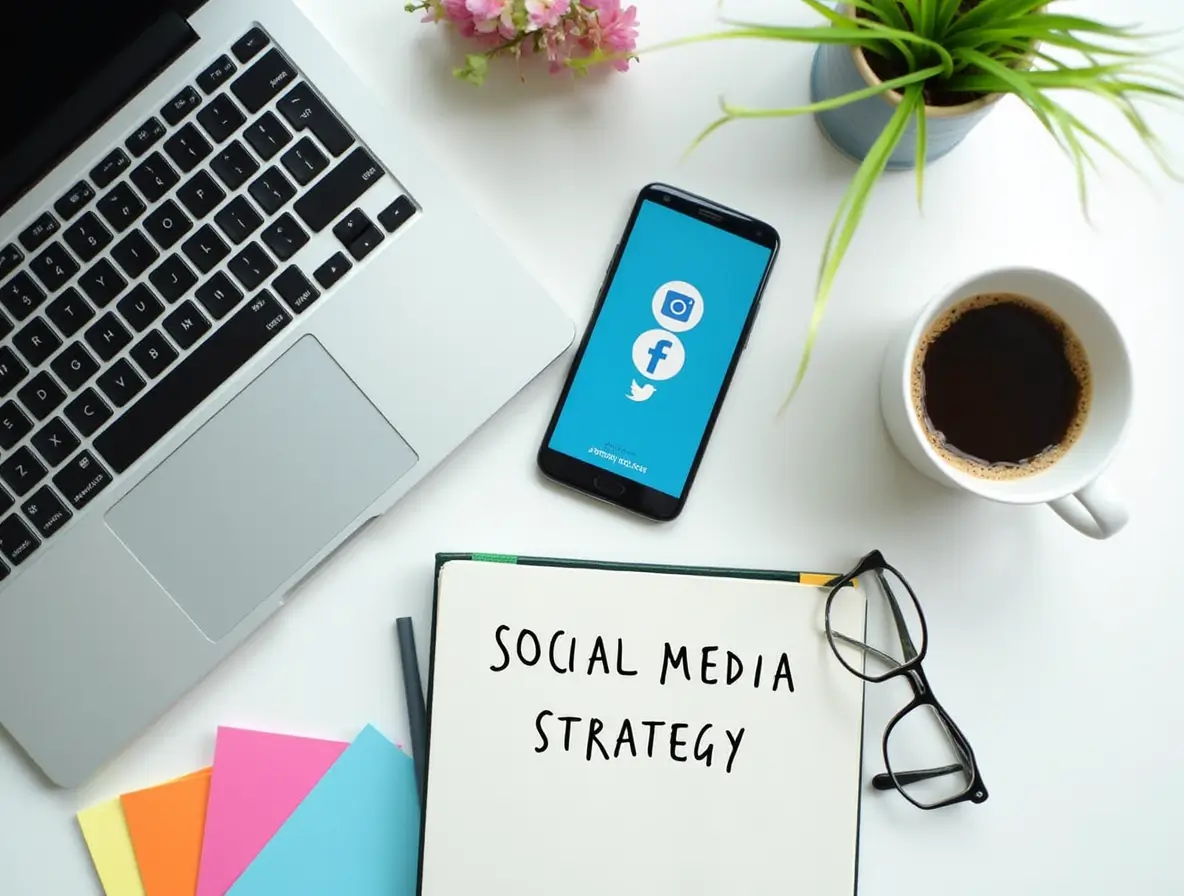 Flat-lay of a desk with social media tools, including a laptop, smartphone with social media apps, and a notebook labeled 'Social Media Strategy.