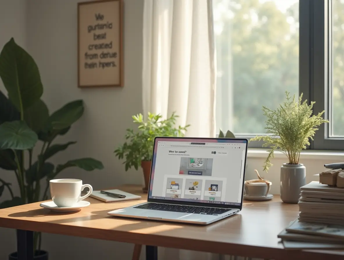 A cozy home office setup with a laptop, coffee cup, and motivational quote on the wall.